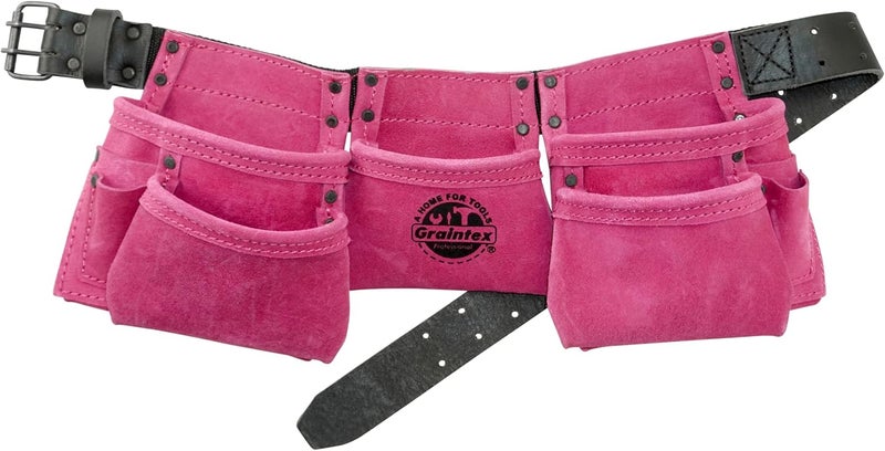 Graintex DS2139 :: 9 Pocket Children Tool Belt Pink Color Suede Leather, Kids Real Tool Belt, Boys and Girls Tool Apron for Home Improvement, 1.1/2" Leather Belt, Hammer Loops - Image 1